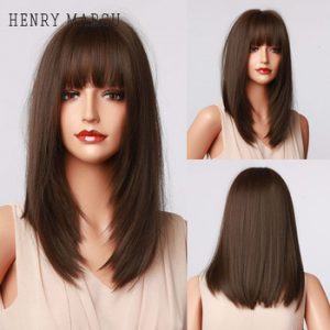 HENRY MARGU Dark Brown Medium Long Bob Synthetic Wigs with Bangs Layered Hair Natural Straight Wigs for Women High Temperature