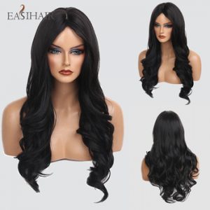 EASIHAIR Long Black Synthetic Wigs for Women High Density Wigs Glueless Wavy Heat Resistant Middle Part Fake Hair Cosplay Wigs