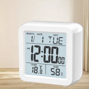 Digital Desktop LCD Snooze Calendar Alarm clock  White Bedroom Watch with Thermometer & Hygrometer  for Home  Battery Operated