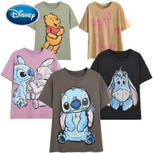 Disney Family T-Shirt Fashion Winnie the Pooh Mickey Mouse Stitch Fairy Dumbo SIMBA Cartoon Print Women T-Shirt Cotton Tee Tops