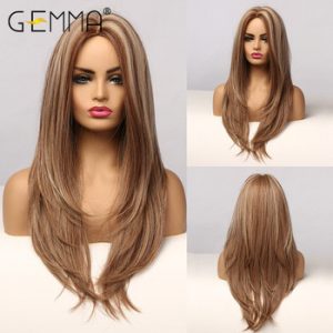 GEMMA Long Wavy Brown Blonde Highlight Wig Middle Part Cosplay Layered Synthetic Hair Wigs for Women Afro High Temperature Fiber