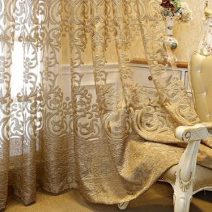 European Luxury Coffee with Golden Wire Jacquard Hollow Tulle Curtain for Living Room Palace Elgent Fabric Windows Drape ZH431#4