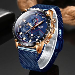 2020 New LIGE Blue Casual Mesh Belt Fashion Quartz Gold Watch Mens Watches Top Brand Luxury Waterproof Clock Relogio Masculino