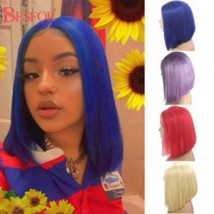 Blue Colored 13x4x1 Lace Bob Human Hair Wig For Black Women Ombre Short T Lace Part Bob Wigs Real Brazilian Glueless Full Ends