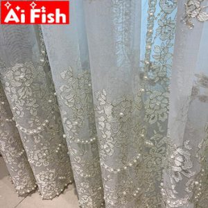 Delicate White Pearl Sheer Voile Luxury Embroidered Tulle Curtains for Living Room Romantic Gold Wire Line Wedding Decor M201-5