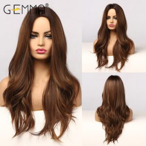 GEMMA Natural Middle Part Synthetic Wig Long Wavy Ombre Black Brown Golden Cosplay Wigs with Highlight for Black Women Fake Hair