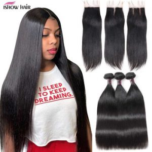 Ishow Straight Hair Bundles with Closure Peruvian Hair Bundles with Closure Human Hair Bundles and Closure for 4x4 Closure Wig