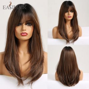 EASIHAIR Long Straight Wigs with Bangs Black to Brown Ombre Synthetic Wigs for Women Daily Natural Hair Wigs Heat Resistant