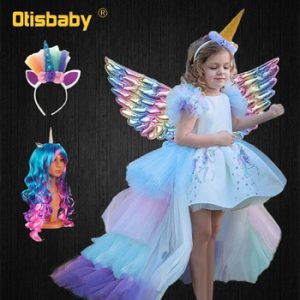 Christmas Girls Unicorn Dress with Long Tail + Wings Wig Hairband Baby Girl Princess Birthday Party Ball Gown Kids Horse Clothes