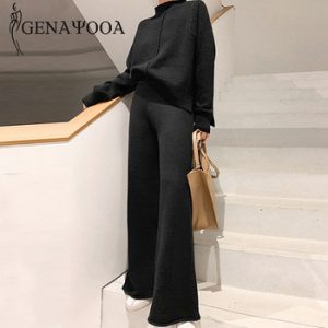 Genayooa Two Piece Set Pullover Sweater Tracksuit Women High Waist Knit Wide Leg Pants Women Suit 2 Piece Set Women Winter 2020