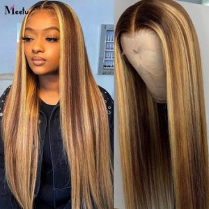 Meetu Ombre Highlight Wig Brown Honey Blonde  Straight 13x4 Lace Front Wigs Pre-plucked Human Hair Wigs for Black Women Wigs