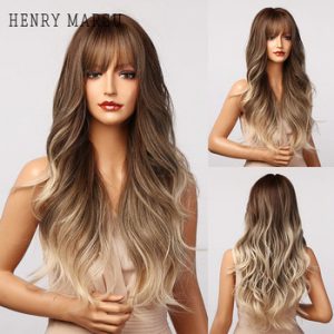 HENRY MARGU Long Brown Ombre Wavy Synthetic Wigs With Bangs Natural Hair Wigs For Women Heat Resistant Daily Cosplay Wigs