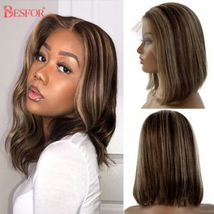 BESFOR 13X1 Wigs For Women Human Hair Brown Ombre Bob T Part Lace Wig Short Blonde Thick 180% Density Pre Plucked With Baby Hair