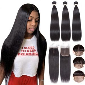 BEAUDIVA Pre-Colored Human Hair Weave with Closure 4*4 Three Bundles with Closure Remy Brazilian Straight Human Hair Extensions