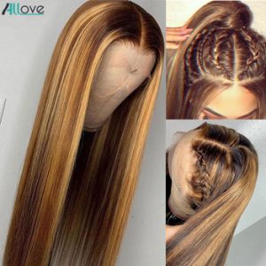 Allove Honey Blonde Lace Front Wigs Highlight Brown Lace Front Human Hair Wigs Brazilian Bone Straight Human Hair Wig Ombre Wig