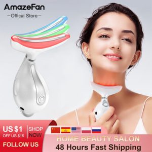 AmazeFan 3 Colors Led Facial Neck Massager PhotonTherapy Heating Face Neck Wrinkle Removal Machine Reduce Double Chin Skin Lift