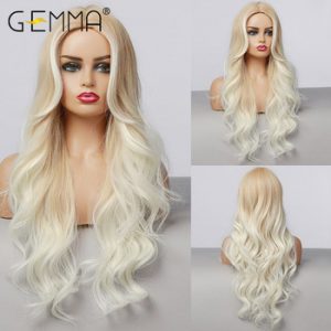 GEMMA Long Body Wave Wigs for Women Ombre Light Brown Blonde Wigs with Highlight Natural Hairline Middle Part Synthetic Hair