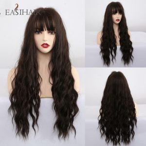 EASIHAIR Long Dark Brown Synthetic Wigs for Women Water Wave Cosplay Wigs With Bangs Heat Resistant Pink Fake Hair Natural Wigs