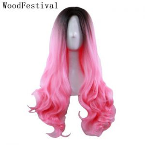 WoodFestival Long Wavy Synthetic Wig Hair Cosplay Wigs For Women Ombre Black Grey Pink Green Purple Red Blue Burgundy Dark Brown