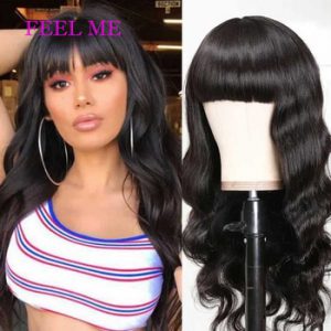 FEELME Human Hair Wigs With Bangs For Black Women Natural Hair Wigs Brazilian Body Wave Hair Wigs With Bangs Remy Fringe Wigs