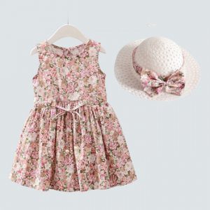 2PCS/Set Girls Dress +Hat Cotton Comfortable Children's Dress 2021 Summer Dress Floral Girls' Sleeveless Dress For Children