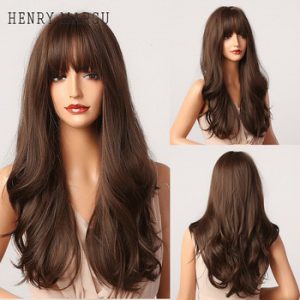 HENRY MARGU Long Wavy Dark Brown Synthetic Wigs with Bangs Heat Resistant Hair Cosplay Party Lolita Daily Wig for Black Women