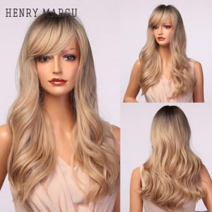 HENRY MARGU Black Golden Ombre Wig Dark Root Long Deep Wavy Synthetic Wig with Bangs for Women Heat Resistant Cosplay Party Hair