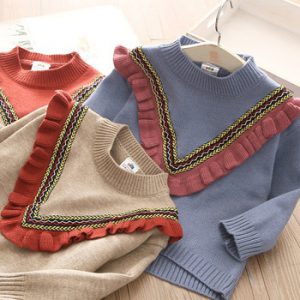 2020 Autumn Spring 2 3-10 12 Years Children'S Clothing O-Neck Knitted Pullover Cotton Ruffles Patchwork Kids Baby Girls Sweater