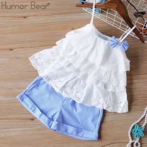 Humor Bear Girl's Clothes Set New Summer Children Bow Lace Sling T-shirt+Striped Short Pants Sets Kids Sleeveless Clothing Sets