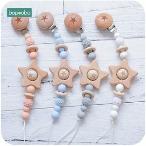 Bopoobo 1pc Baby Teether 1PC Pacifier Chain Beech Star Wooden Clip Geometric Crochet Beads Pacifier Clip Chain Tiny Rod Toys