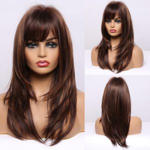 LOUIS FERRE Medium Dark Brown Golden Highlight Wigs Long Straight Layered Synthetic Wigs With Bangs for Black Women Cosplay