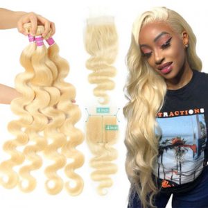 Monstar Human Hair Bundles with 4x4 Closure Brazilian Hair Weave Lace Closure with 3 4 Bundles Remy 613 Blonde Body Wave Bundles