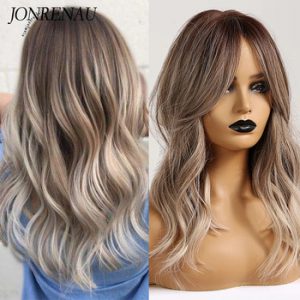 JONRENAU 16 Inches Synthetic Platinum Blonde Hair Long Natural Wave Ombre Brown Mixed Color Party Wigs for White/Black Women