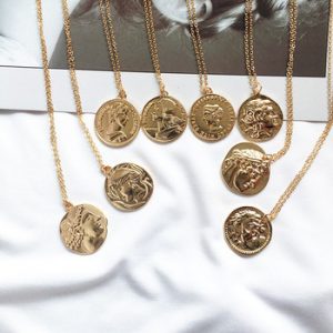 Ailodo Vintage Carved Gold Coin Roman Necklace For Women Bohemian Pendant Necklaces Boho Jewelry Statement Necklaces 20FEB13