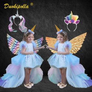 Kids Rainbow Unicorn Dress with Long Tails Angel Wings Party Dress for Girl Princess Costume Lol Ball Gown Baby Girls Pony Dress