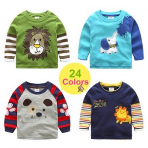 2020 Spring Autumn For 2-8 9 10 Years Children Cotton Striped Color Patchwork Cartoon Animal Baby Kids Boys Long Sleeve T-Shirts