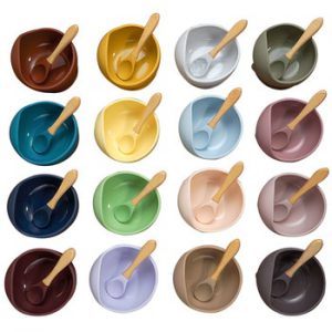 22colors!!1set Silicone Baby Feeding Bowl Set Baby Learning Dishes Suction Bowl Set Wood Spoon Non-Slip