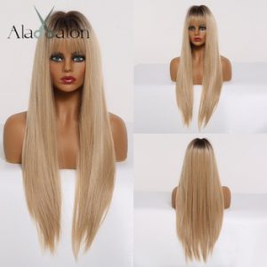 ALAN EATON Synthetic Hair Wigs with Bangs Long Silk Straight Wigs for Women Heat Resistant Ombre Black Brown Golden Cosplay wigs