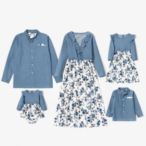 PatPat 2021 New Spring  Family Matching Denim Sets Party Dress (Floral Flounce V-neck Dresses-Solid Button Front Shirts-Rompers)