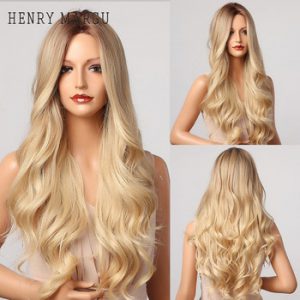 HENRY MARGU Ombre Brown Blonde Wig Long Wavy Middle Part Costume Cosplay Party Synthetic Wig for Women Afro Heat Resistant Fibre