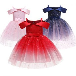 Summer Bowknot Dress Kids Girl Princess Dress Party Wedding Clothing Sequined Puffyskirt Children Catwalk Dresses Costume