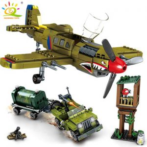 HUIQIBAO 649pcs WW2 US Army P-40 Fighter Building Block Airplane Military City Olane Truck Car Bricks Construction Children Toy