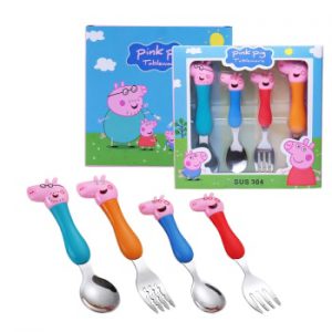 Peppa Pig Cutlery 4pcs/set Stainless Steel George Pig Family Anime Figures Model Children Tableware Boy Girl Birthday Gift