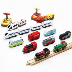 Electric RC Train Set Remote Control Toys Connected with Wooden Railway Car Tracks Birhtday Christmas Gift for Children