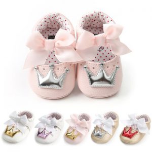 Baby Shoes Girl Princess Bling Crown Bowknot Toddler PU Rubber Sole Anti-slip First Walkers Infant Newborn Crib Shoes Moccasins