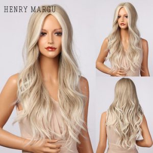 HENRY MARGU Ombre Light Brown Grey Ash Blonde White Highlight Synthetic Wigs Long Wavy Middle Part Women's Wigs Cosplay Hair