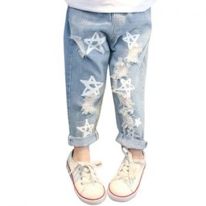 Baby Girls Jeans Star Print Jeans Pants For Girls Elastic Waist Kids Jeans With Hole Autumn Novelty Clothes For Infant Girls