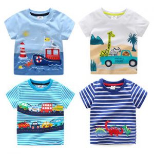 2021 Summer 2-10T Children'S Birthday Clothing Dinosaur Car Striped Print Short Sleeve Basic Tops Cartoon T Shirt For Kids Boy