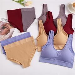 FINETOO Seamless Tops Set High Waist Panties Women Wireless Underwear Suit Soft Padded Bras Set S-XL Backless Bralette Lingerie