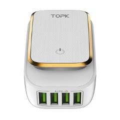 TOPK 4-Port 4.4A(Max) 22W EU USB Charger Adapter LED Lamp Auto-ID Portable Phone Travel Wall Charger for iPhone Samsung